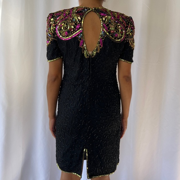 Vintage 80s Lawrence Kazar Embellished multicolor Sequin Cocktail Dress size PL - Picture 8 of 17